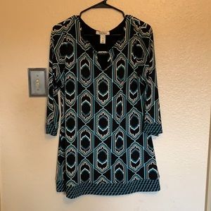 Blue, black and tan printed dress with mid length sleeve - size medium